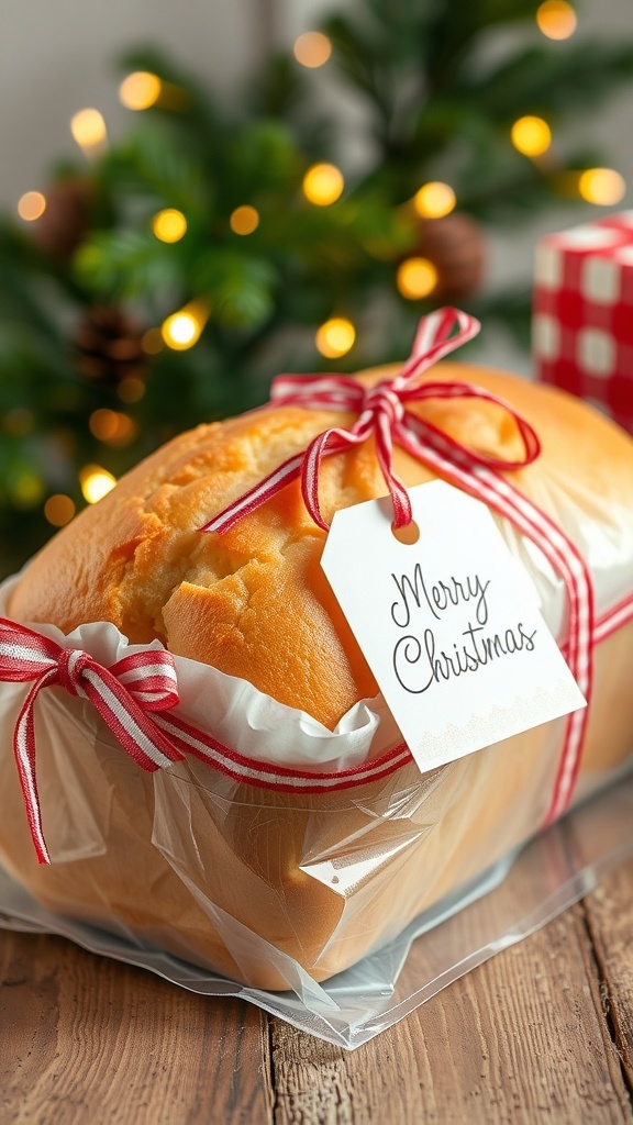 Homemade Bread Gift Ideas for Christmas A wrapped loaf of homemade bread with festive decorations in a holiday setting.